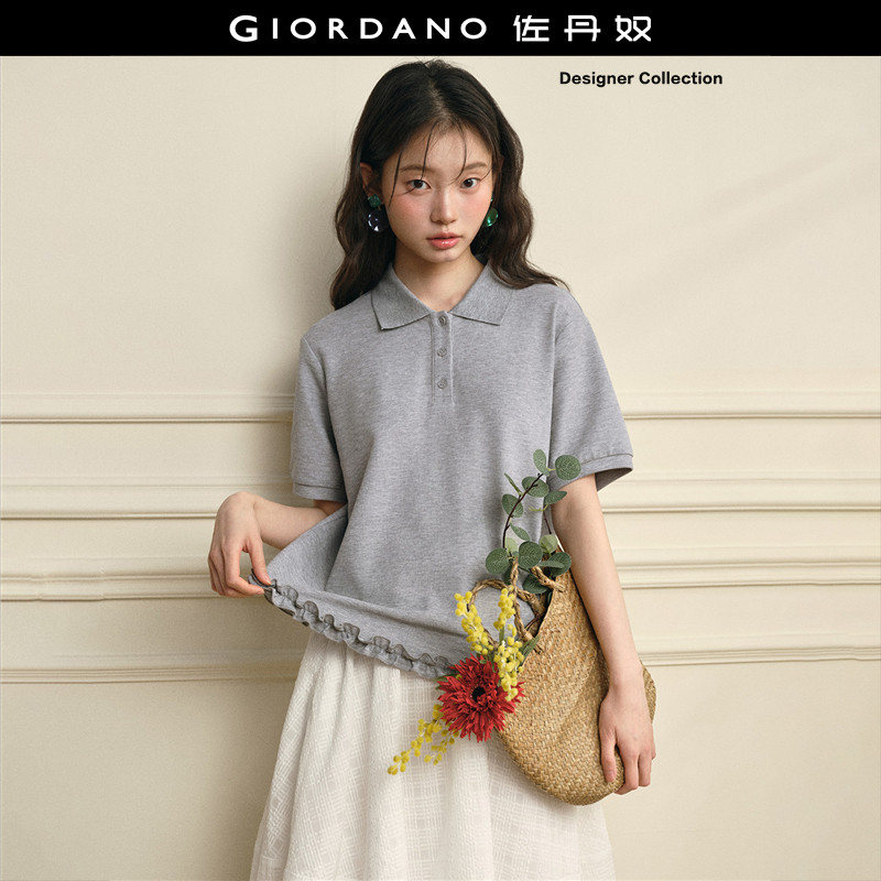 设计师款佐丹奴2026年夏季新款宽松拼接花边短袖polo衫女18316303