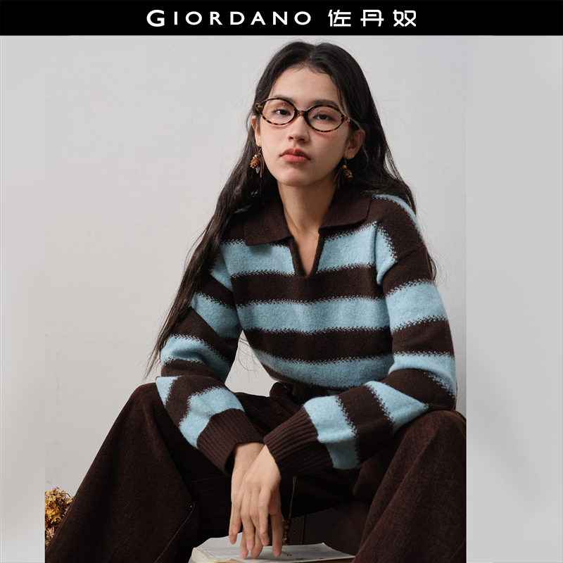 GiordanoV字翻领套头条纹针织衫
