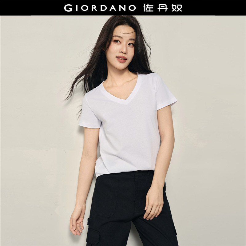 【韩国同款】佐丹奴短袖T恤女2026年夏季纯棉纯色V领上衣05326551