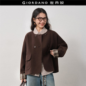 设计师款 宽松圆领毛呢外套18375723 佐丹奴摩卡棕大衣女拼接格纹袖