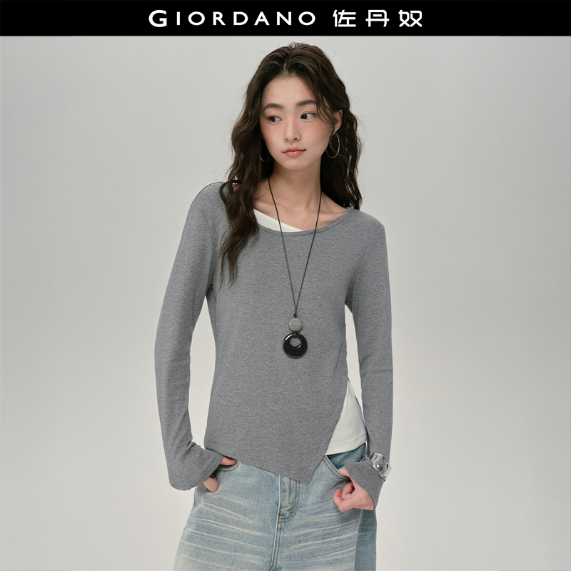 佐丹奴长袖假两件不规则下摆T恤