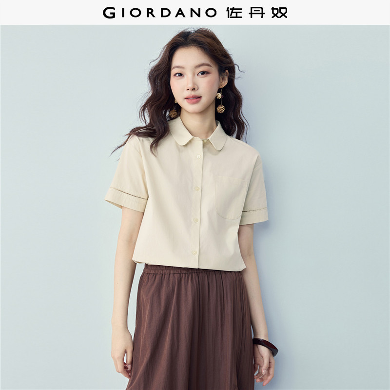 佐丹奴衬衣女夏新款纯棉纯色宽松娃娃领拼接镂空短袖衬衫13346214