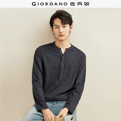 Giordano长袖纯色T恤亨利领