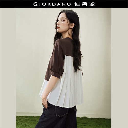 Giordano五分袖拼接压褶T恤