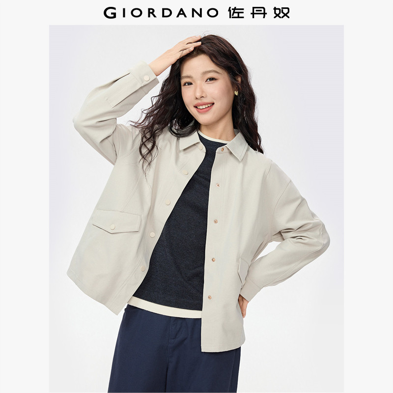 佐丹奴衬衫外套女春季新款简约口袋宽松翻领针织休闲上衣05375471