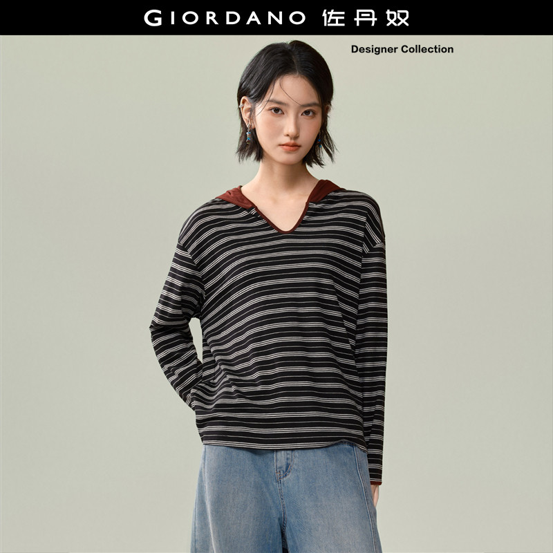 Giordano长袖条纹V字连帽T恤图片
