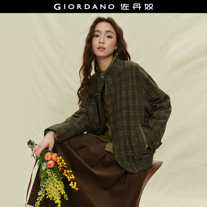 Giordano格纹毛呢外套立领