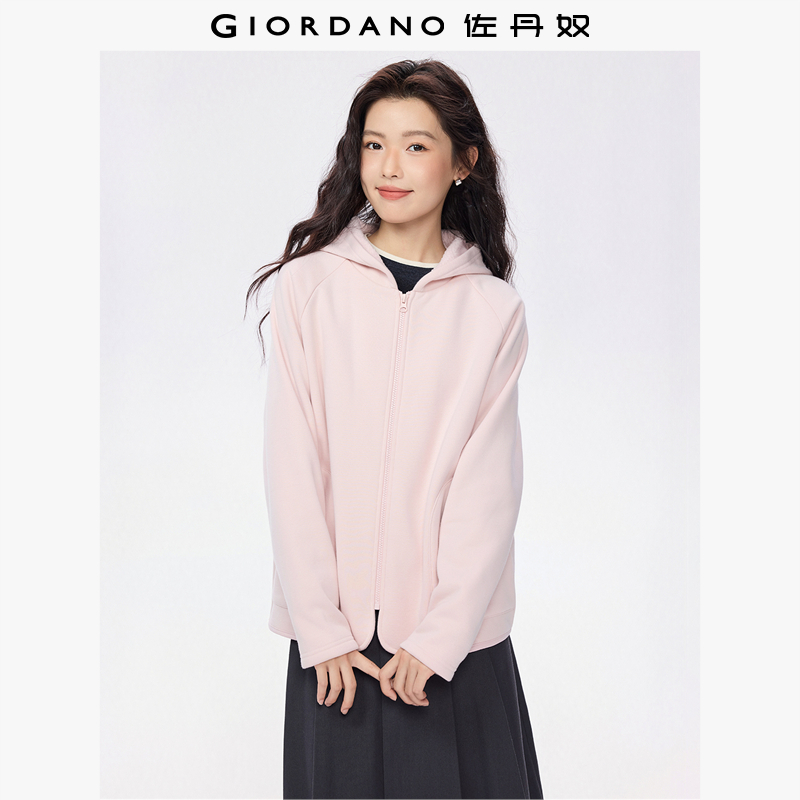 佐丹奴休闲外套女秋冬新款加绒加厚口袋宽松插肩连帽卫衣18375002