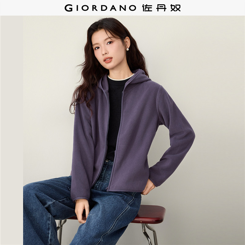 佐丹奴绒感外套女2026秋冬新款摇粒绒宽松连帽夹克开衫女13376603