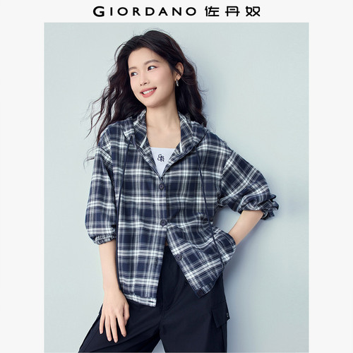 Giordano连帽长袖纯棉格纹衬衫