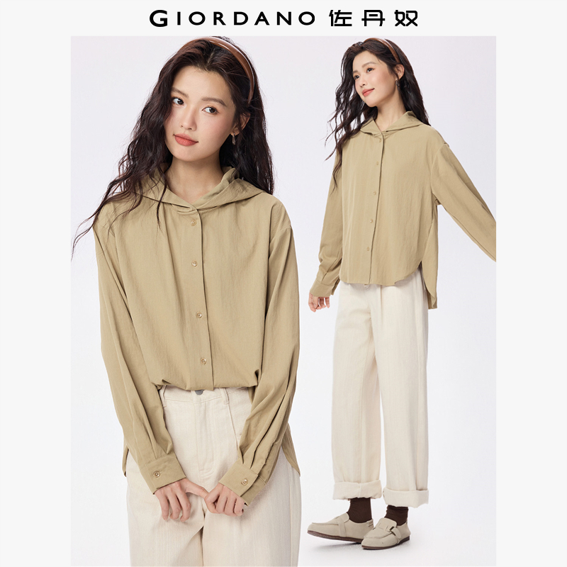 Giordano长袖前短后长连帽衬衫
