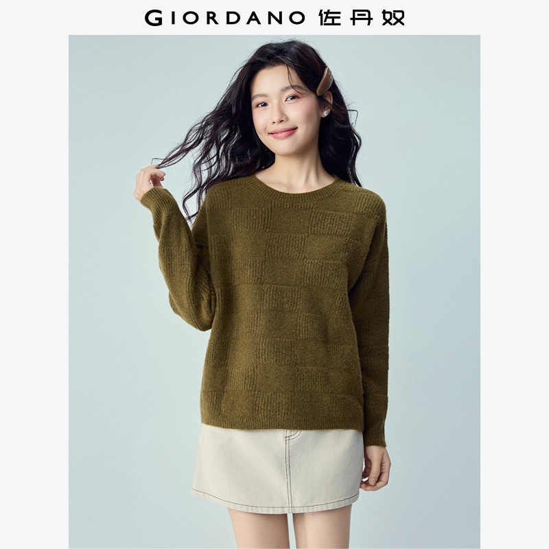 佐丹奴长袖套头针织衫女装新款纯色提花宽松圆领红色毛衣13355864