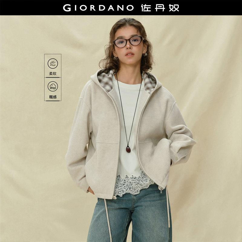 设计师款佐丹奴毛呢外套女新款拼接格纹连帽宽松拉链夹克18375213