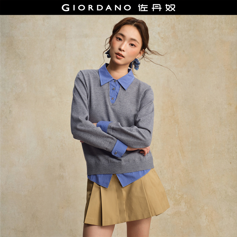Giordano套头假两件格纹针织衫