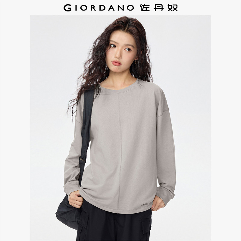 佐丹奴长袖T恤女纯棉卫衣布撞色明线宽松圆领落肩套头衫13324723