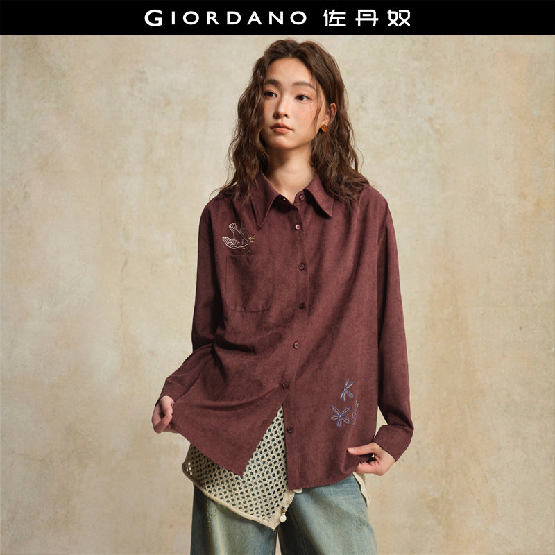 设计师款佐丹奴女装新款肌理感绣花口袋尖领宽松长袖衬衫18345223
