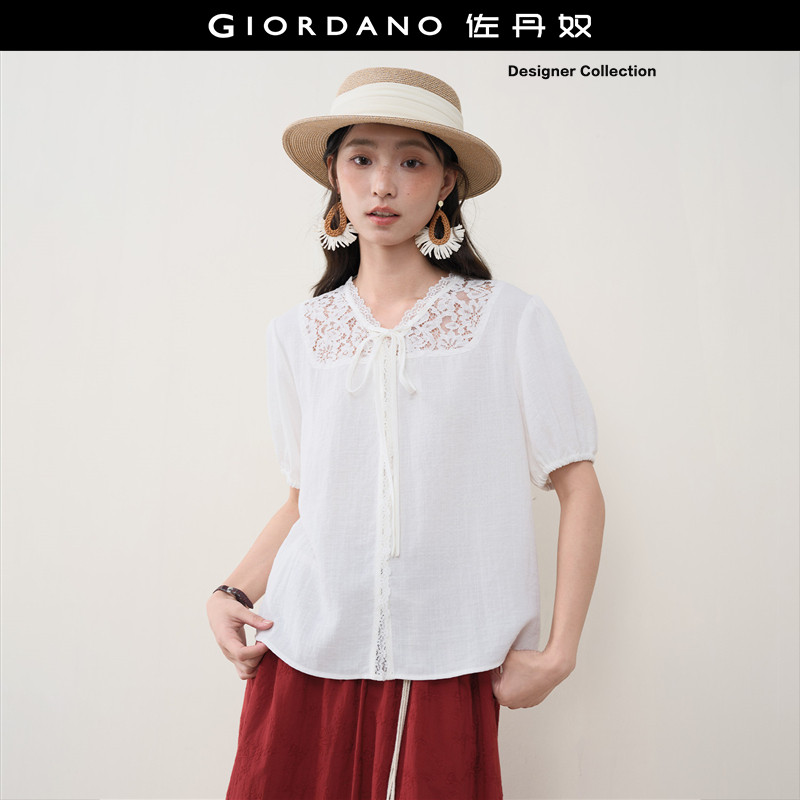 Giordano绑带短袖衬衫拼接蕾丝图片