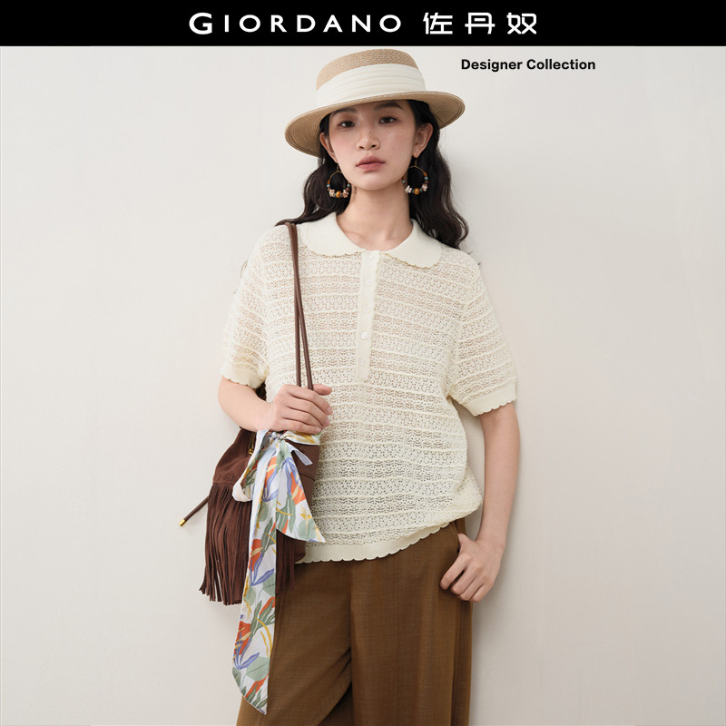 Giordano娃娃领针织衫镂空提花图片