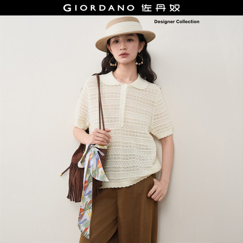 Giordano娃娃领针织衫镂空提花