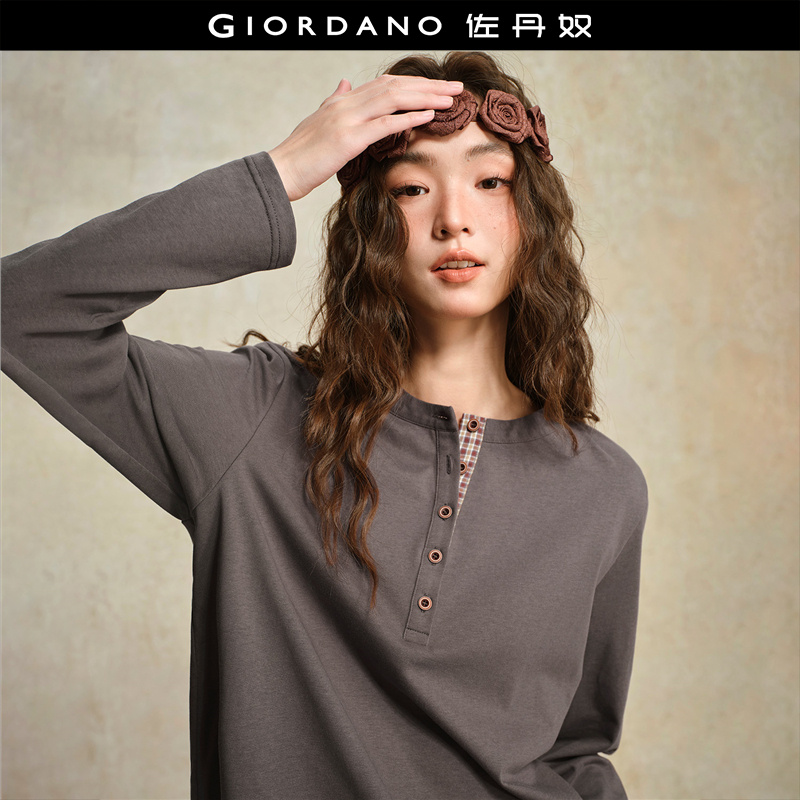 Giordano长袖T恤拼接格纹门筒