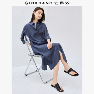 佐丹奴裙子女2026年春季新款开叉暗条纹长袖衬衫连衣裙女05465070