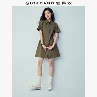 连衣裙05466341 裙打揽收腰翻领短袖 佐丹奴裙子女新款 纯棉通勤衬衫