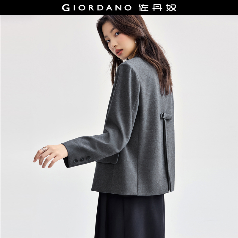 Giordano蝴蝶结毛呢外套开叉