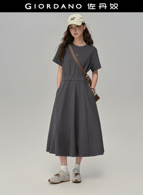 设计师款佐丹奴假两件连衣裙女金属装饰灰色短袖收腰裙子18465926