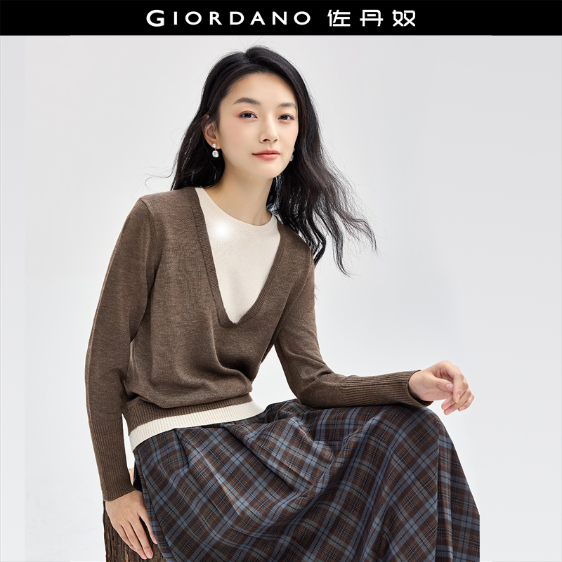 Giordano套头圆领假两件针织衫
