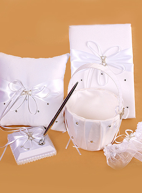 欧美新娘配饰结婚戒枕纯白蝴蝶结钻饰小珍珠花童花篮签名簿吊袜带