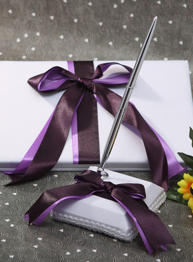 7款结婚用品 紫色蝶影主题婚礼嘉宾签到本签名册笔座创意 欧式