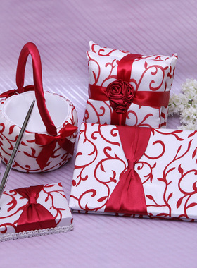 中国风欧式结婚用品红玫瑰花纹双戒指托组合花童花篮签到簿签名笔