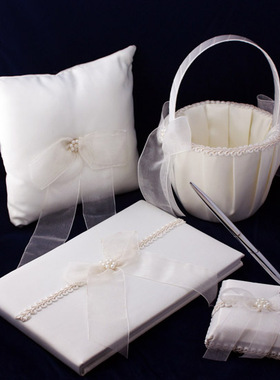 米白简约新娘结婚仪式用品欧根纱花结绸缎欧美婚礼戒托花篮签到簿