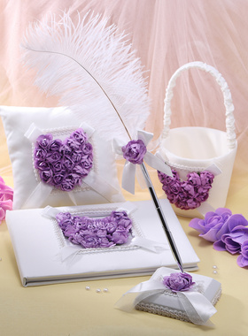 欧美新娘套装浅紫色纸玫瑰爱心签名册羽毛笔座戒枕花童手拎小花篮