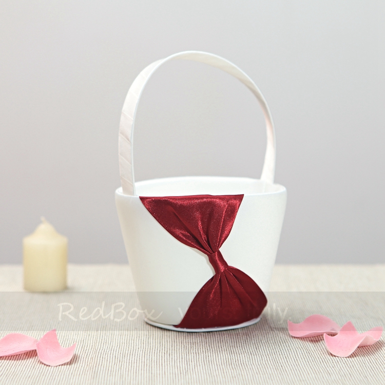 RedBox婚庆用品 西式婚礼用品 酒红色斜花结结婚小花童篮 米白色
