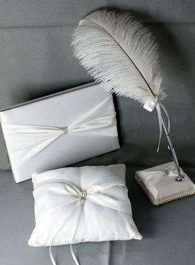 19款婚礼用品 纯美白色结婚签名册戒枕 35cm签到笔羽毛笔含笔座红