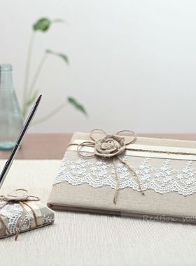 RedBox蕾丝棉麻花朵婚礼签到本 创意签名册签到笔座 结婚用品