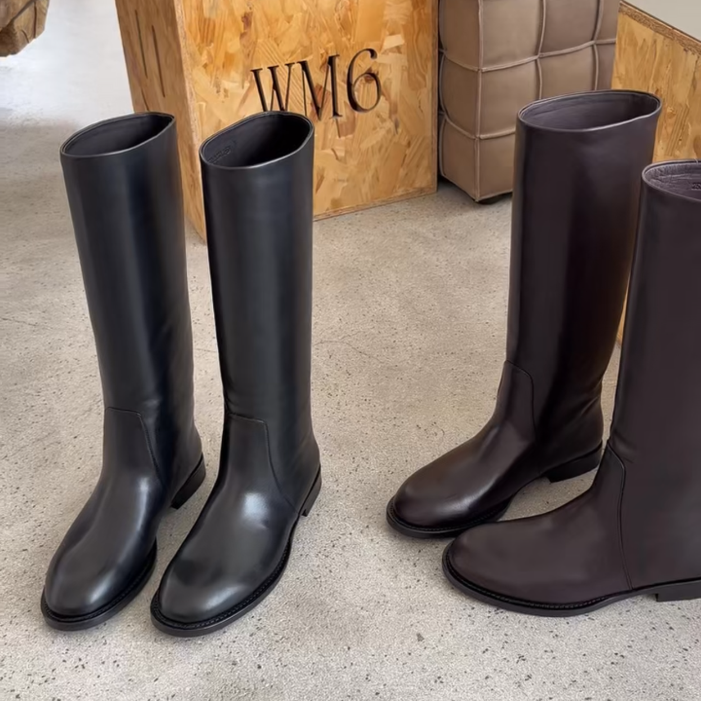 牛皮圆头套筒柔软平底高筒骑士靴