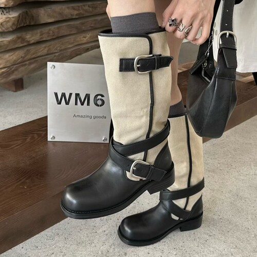 秋冬牛皮拼色帆布粗跟女骑士靴