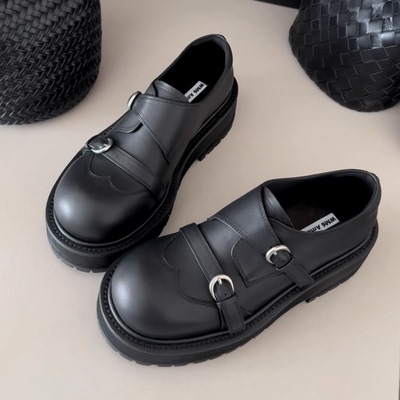复古牛皮圆头皮带扣厚底乐福鞋