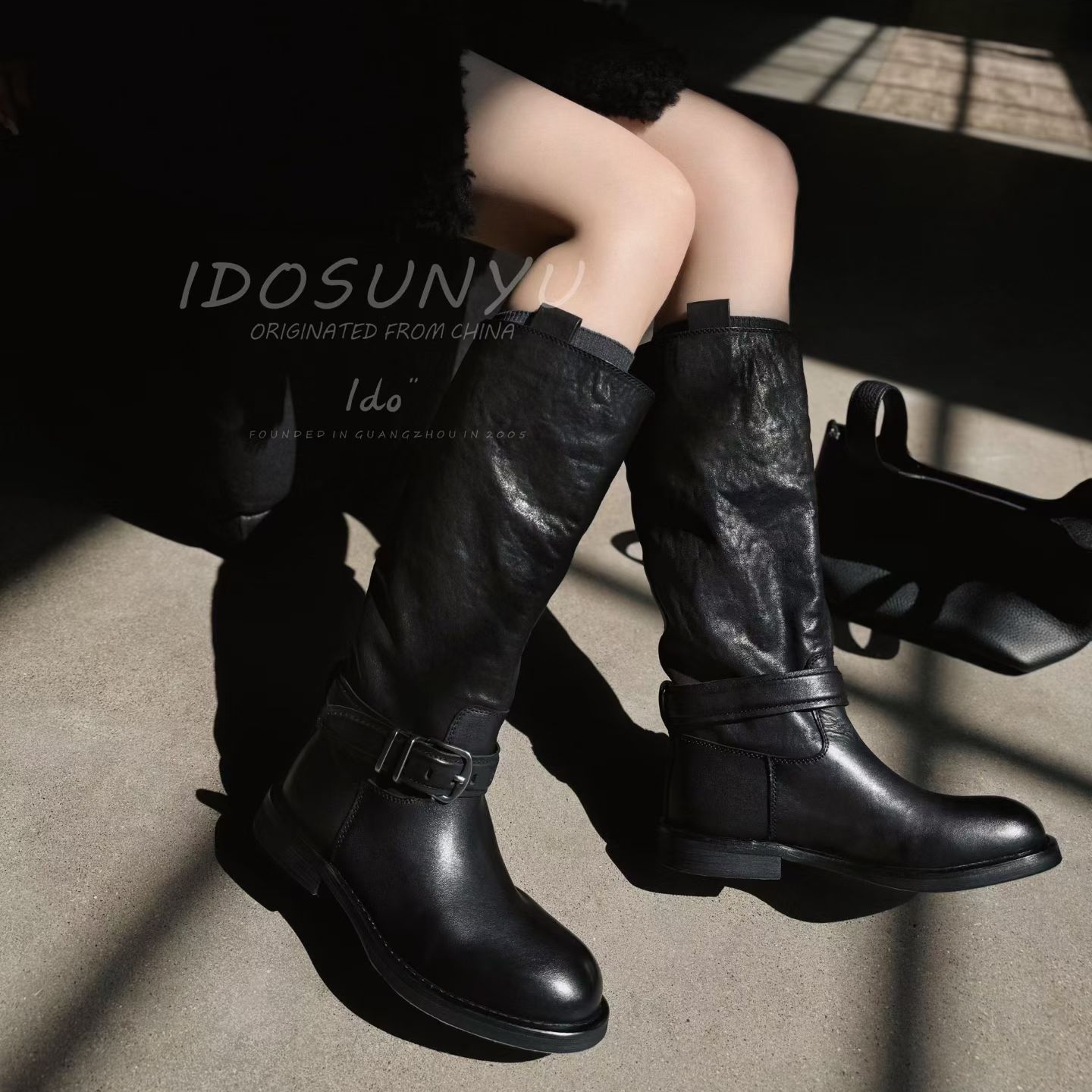 牛皮圆头套筒皮带扣高筒骑士靴