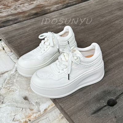 牛皮圆头系带松糕厚底小白鞋