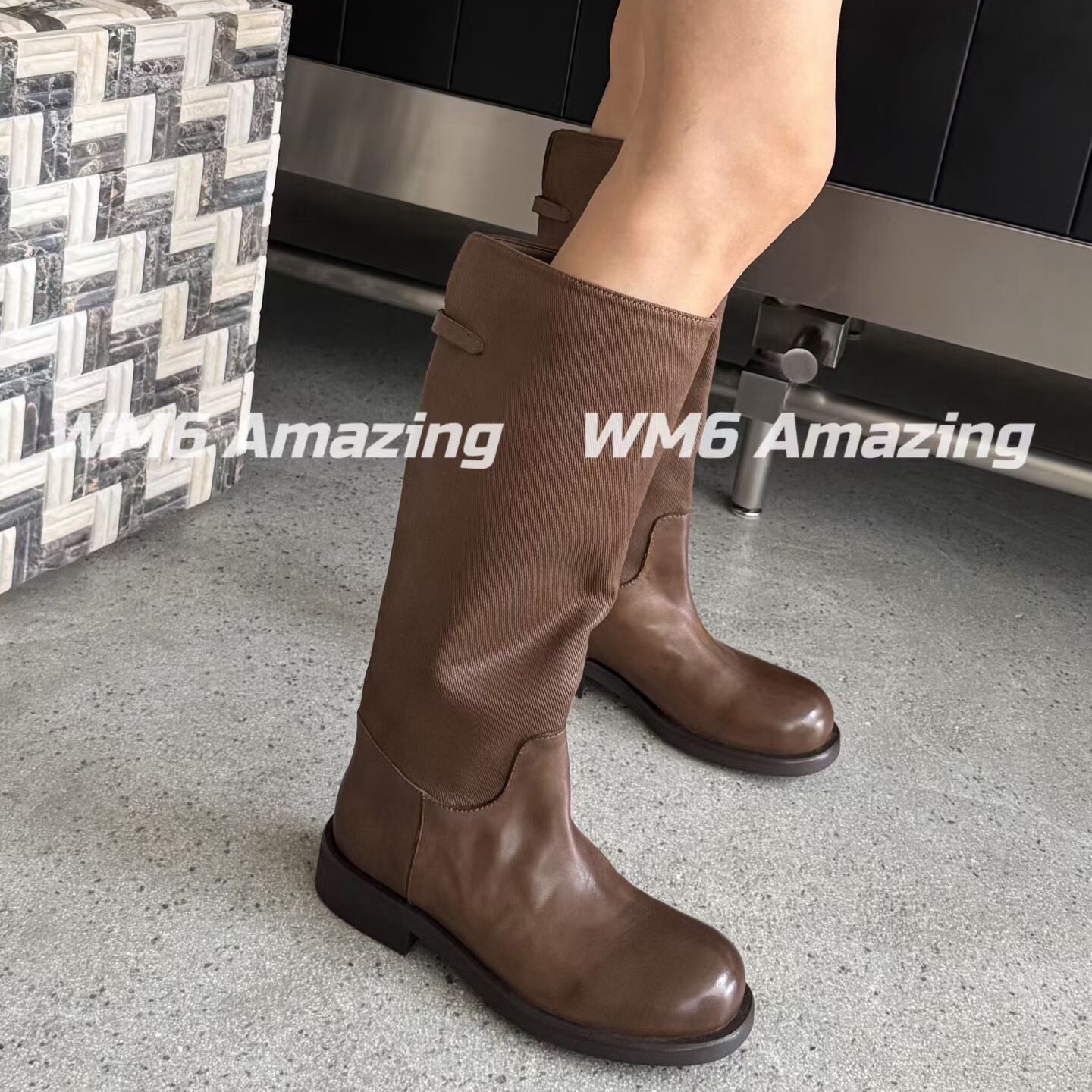 WM6欧货牛皮拼帆布高筒女靴