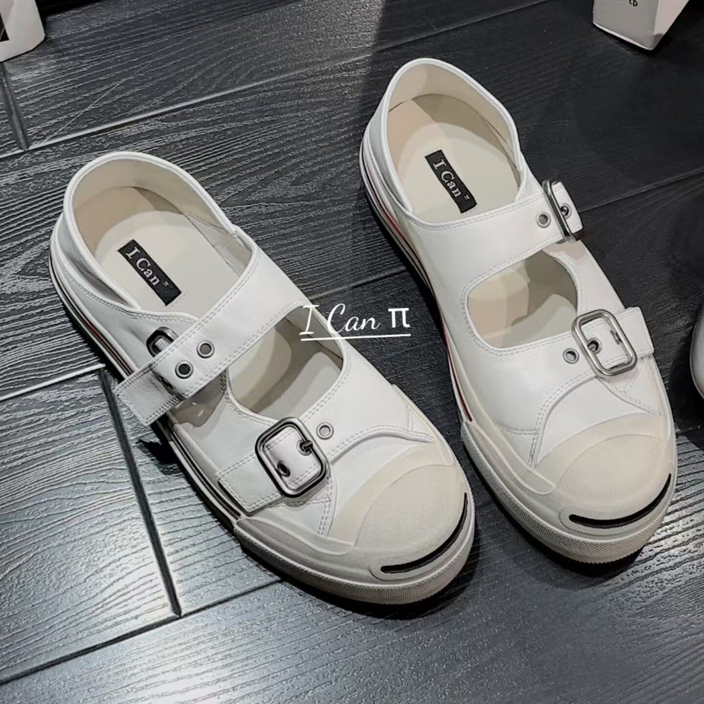 ICAN欧货女鞋2026早春新款牛皮拼色开口笑圆头皮带扣厚底休闲鞋