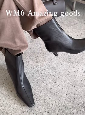 秋冬牛皮方头粗跟中跟女短靴