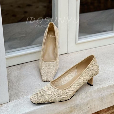 复古纹理网布方头粗跟浅口单鞋