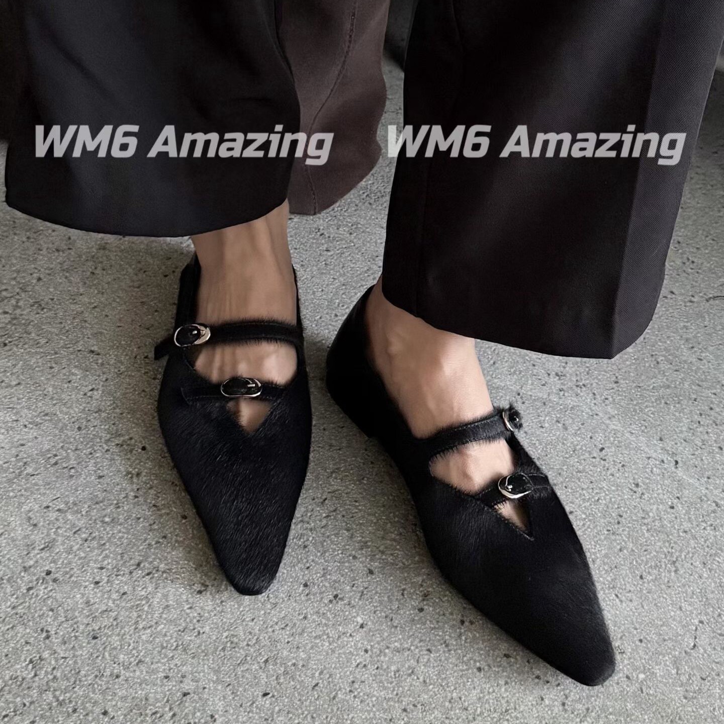 WM6欧货秋新马毛尖头平底单鞋