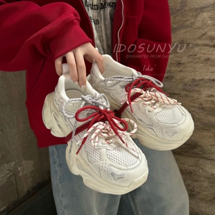 IDO/TT欧货女鞋2026春新款擦旧牛皮拼色刺绣圆头多鞋带厚底老爹鞋