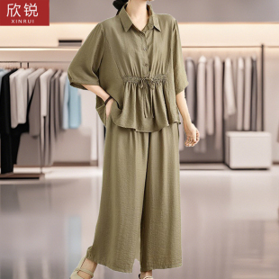 休闲宽松大码 阔腿裤 亚麻套装 减龄七分袖 两件套 新款 中老年妈妈装