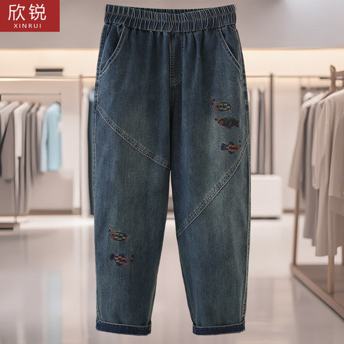 中老年妈妈装刺绣牛仔裤